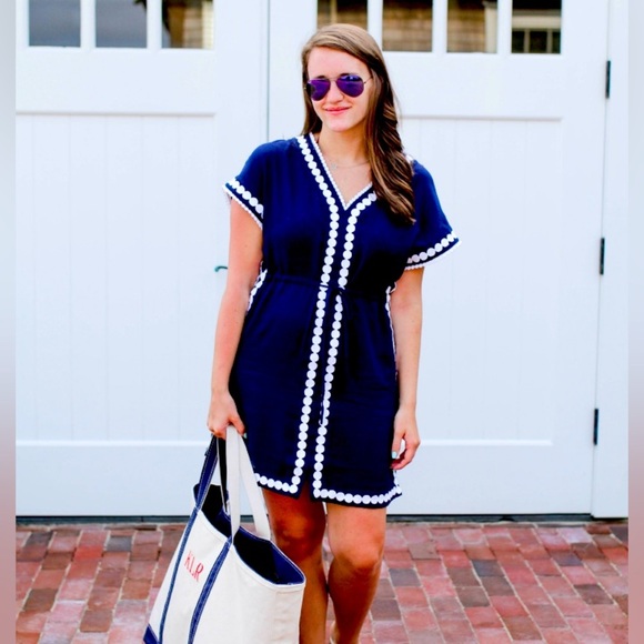 VINEYARD VINES Navy and White Scalloped Drawstring Caftan Swim Coverup Nautical - Picture 1 of 6